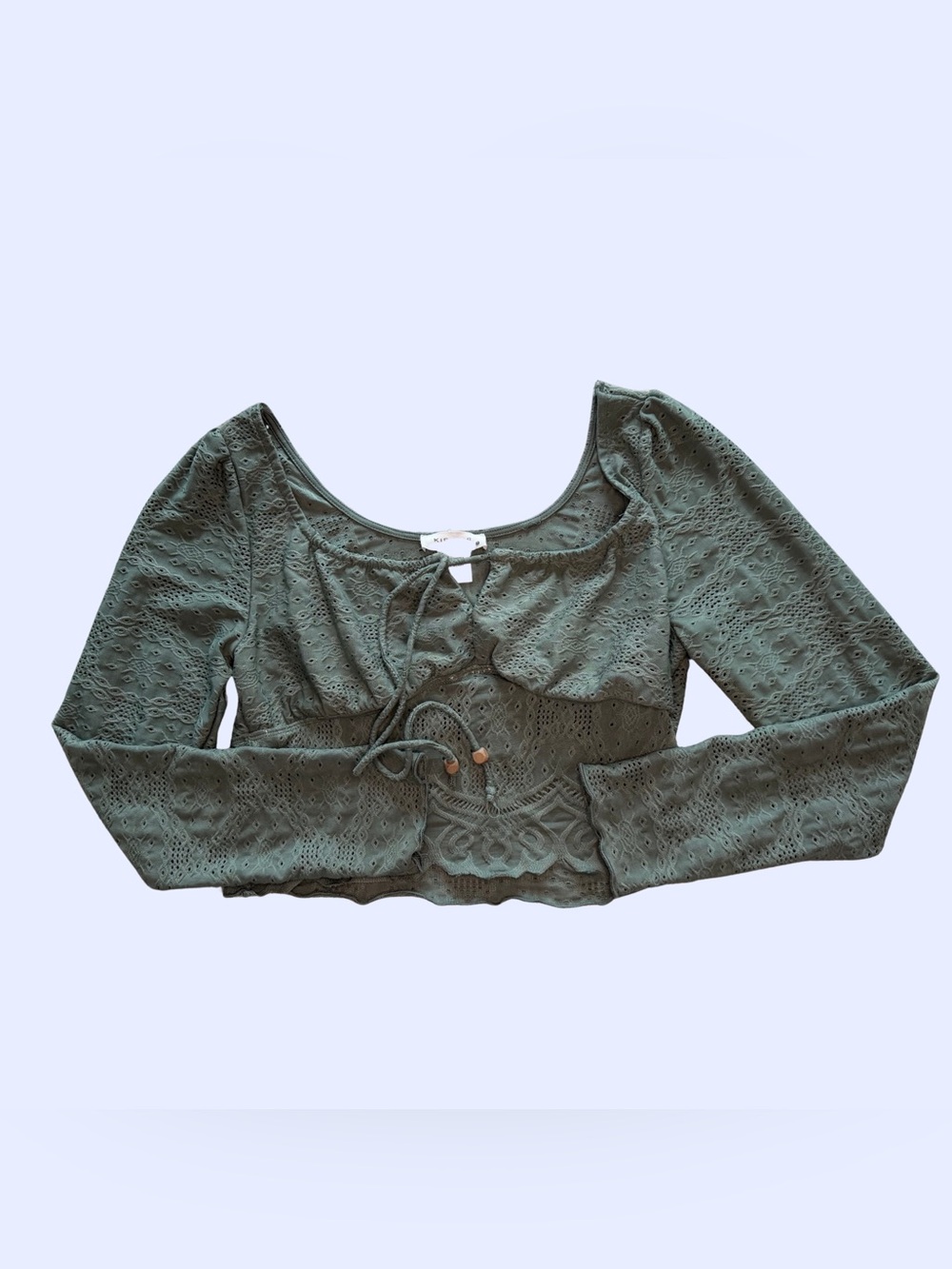 Lace Detailed Eyelet Tie-Front Long Sleeve Top - Olive